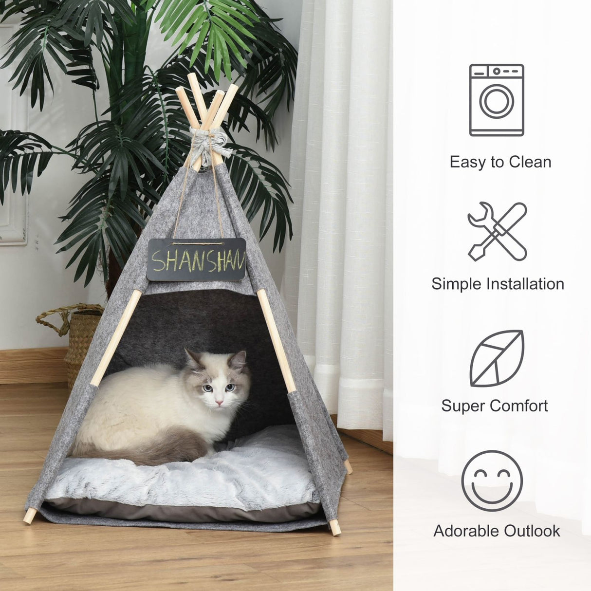 easycomfort easycomfort tenda cuccia per gatti o cani piccoli da interno teepee in feltro grigio 58x58x80cm