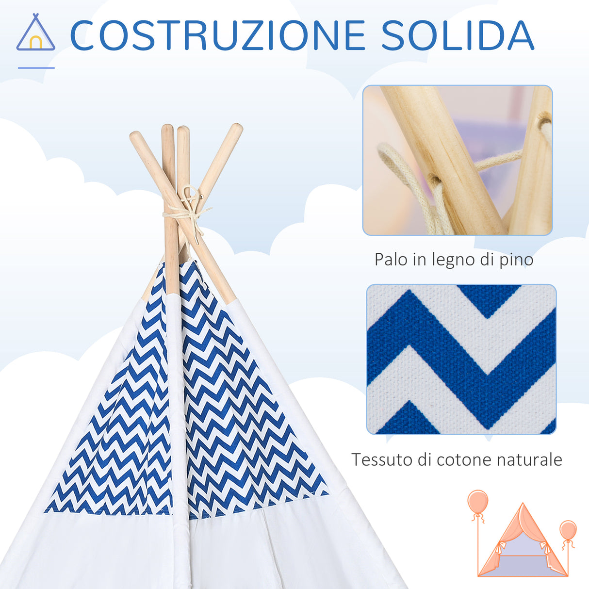 easycomfort easycomfort tenda indiana per bambini teepee in tessuto e legno con finestra eta 3 6 anni 120x120x155cm bianco e blu