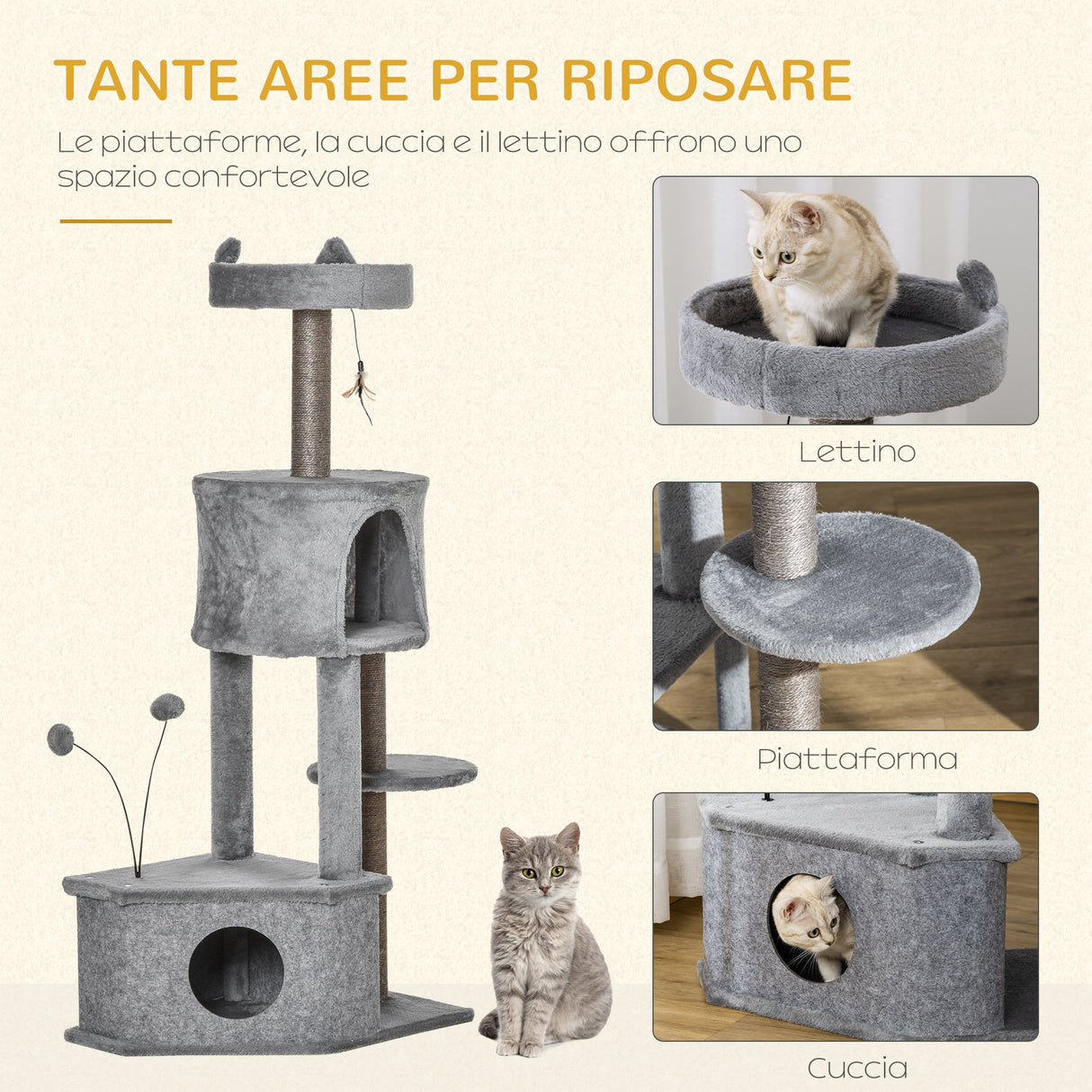 easycomfort easycomfort tiragraffi per gatti con cucce e rivestimento in peluche e feltro altezza 133cm grigio