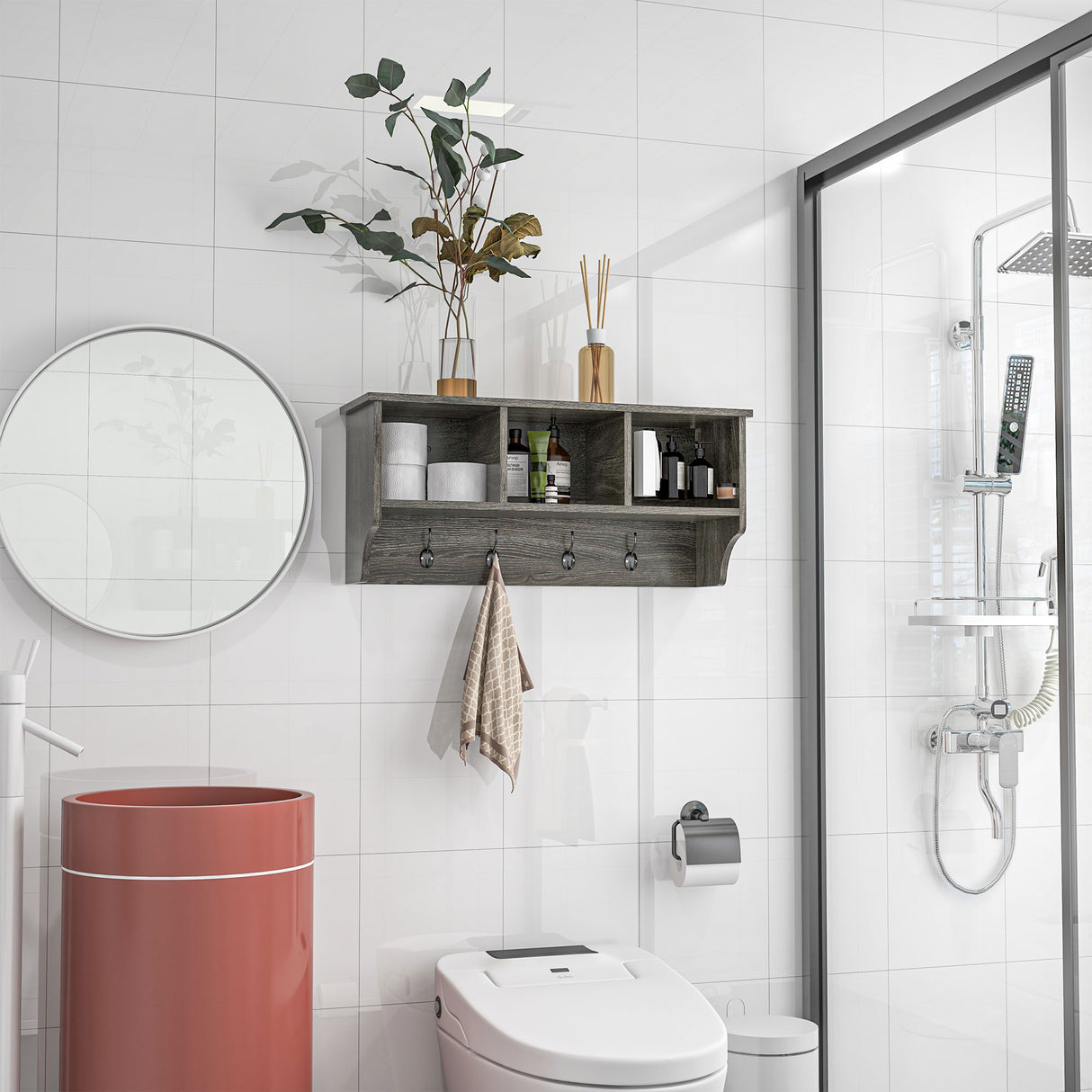 easycomfort easycomfort appendiabiti a muro stile rustico con 4 ganci e vani in legno e metallo 80x24x35 5cm grigio