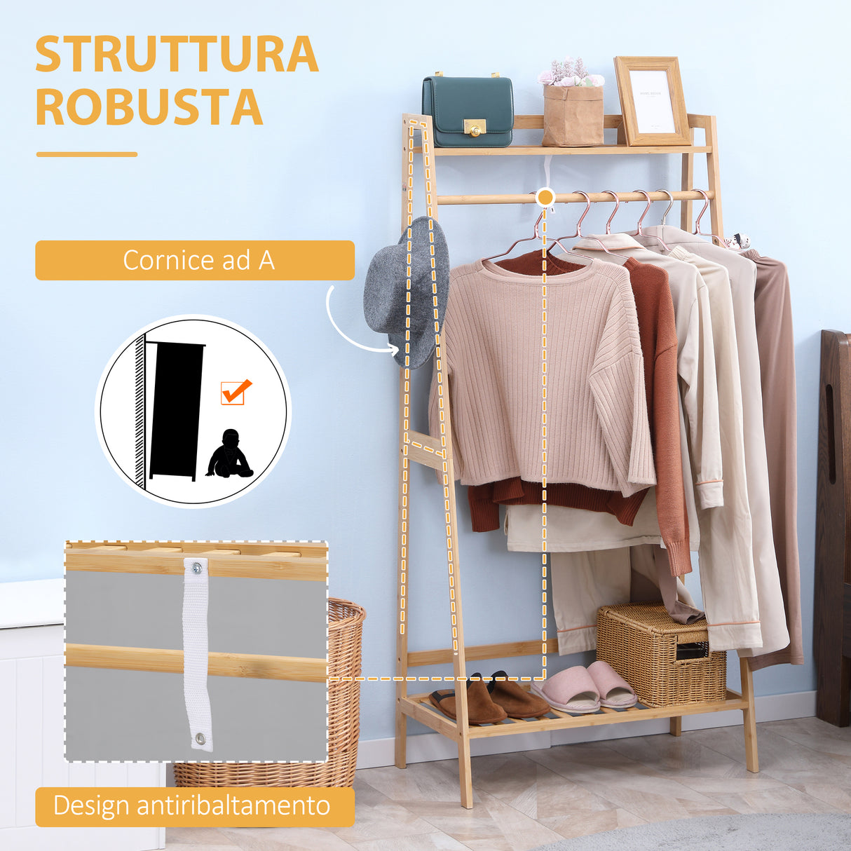 easycomfort easycomfort appendiabiti da terra in bambu con 2 ganci laterali e 2 ripiani inferiori aperti 82x36 8x140 cm color legno