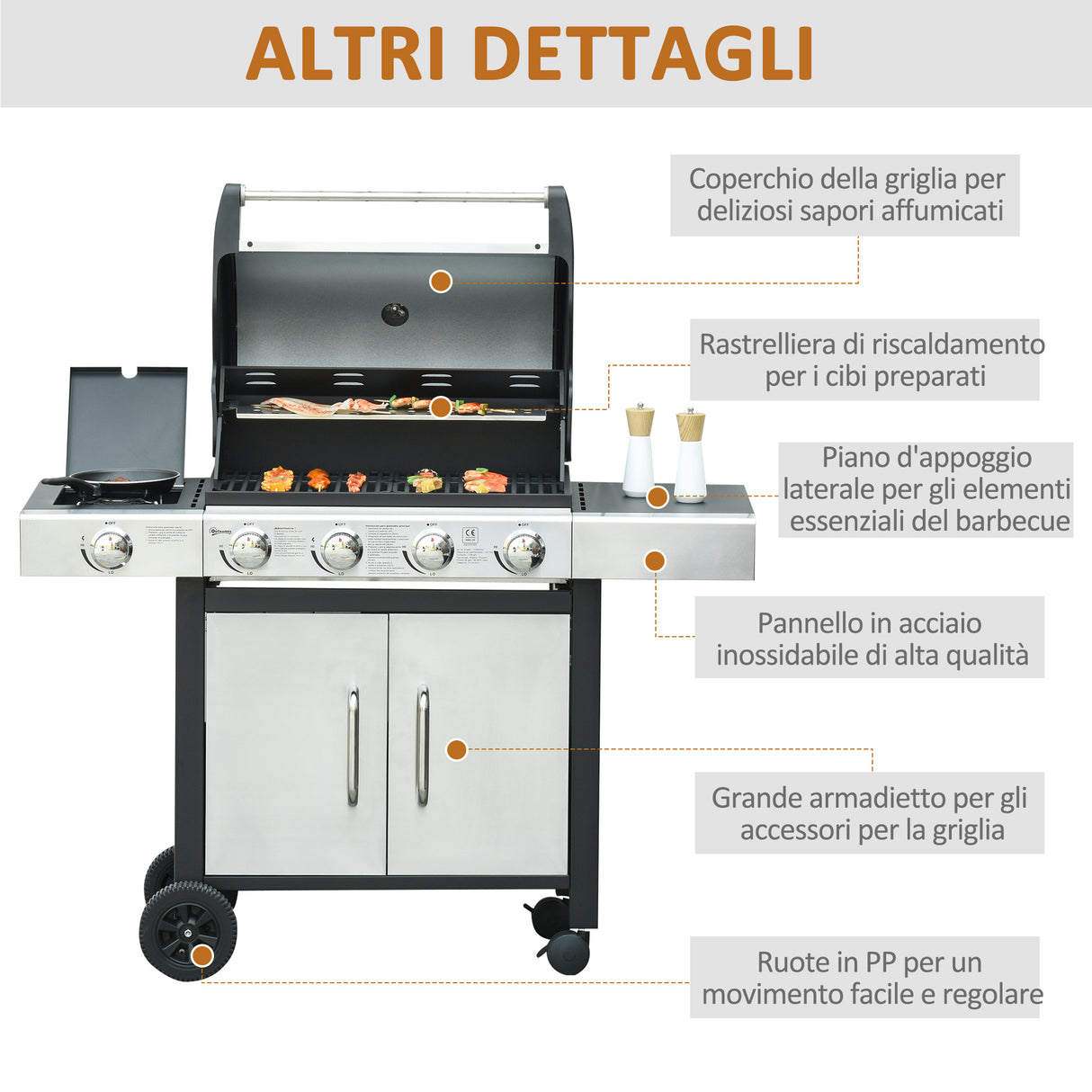 easycomfort easycomfort barbecue gas con coperchio e 5 bruciatori da 15 2kw e 4 ruote 128x50x113cm