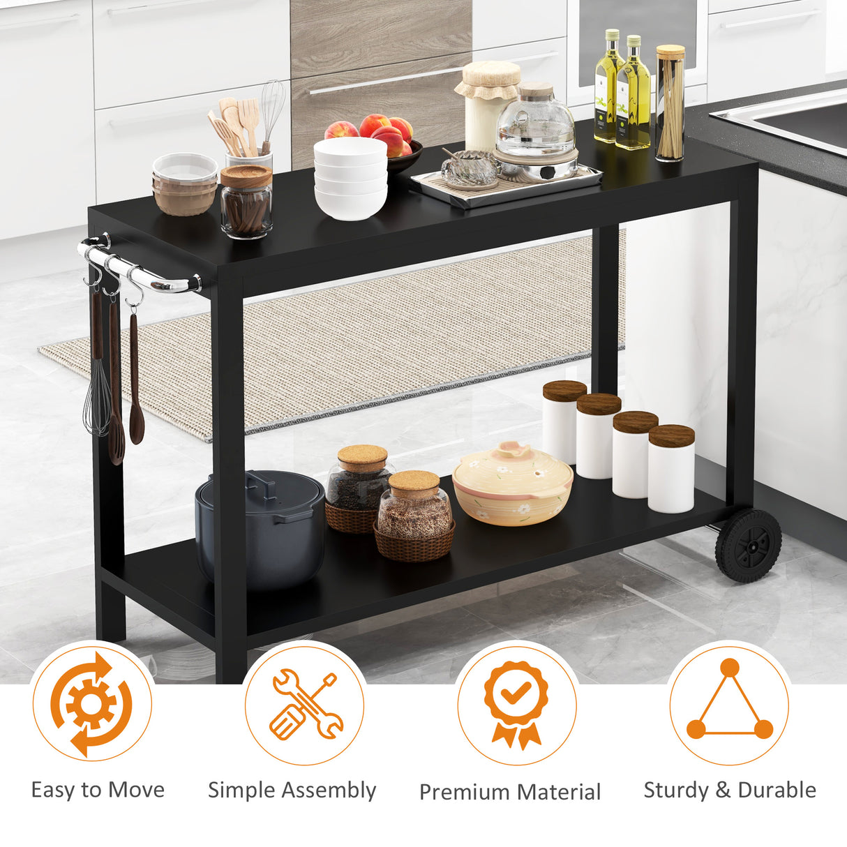 easycomfort easycomfort carrello da cucina a 2 livelli con maniglie e ganci laterali in acciaio 128x46 5x86 5 cm nero