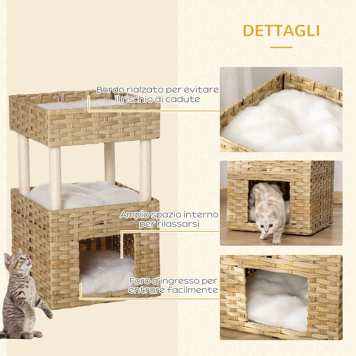 easycomfort easycomfort casetta per gatti a 3 livelli in rattan pe con cuscini lavabili in peluche 40x40x70cm legno