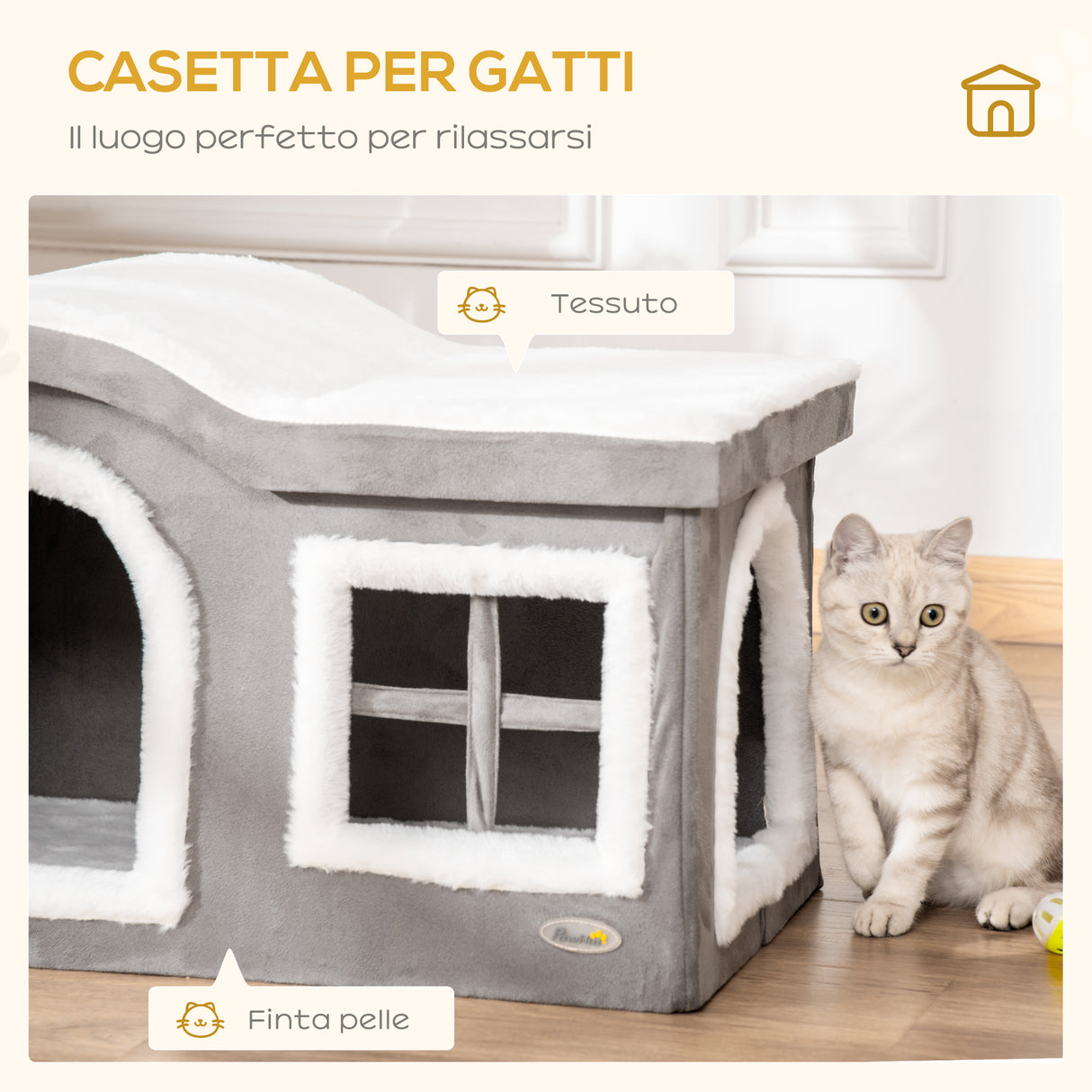 easycomfort easycomfort casetta per gatti da interno con 2 entrate e finestra cuscino e base antiscivolo 63 5x37x40cm biancogrigio