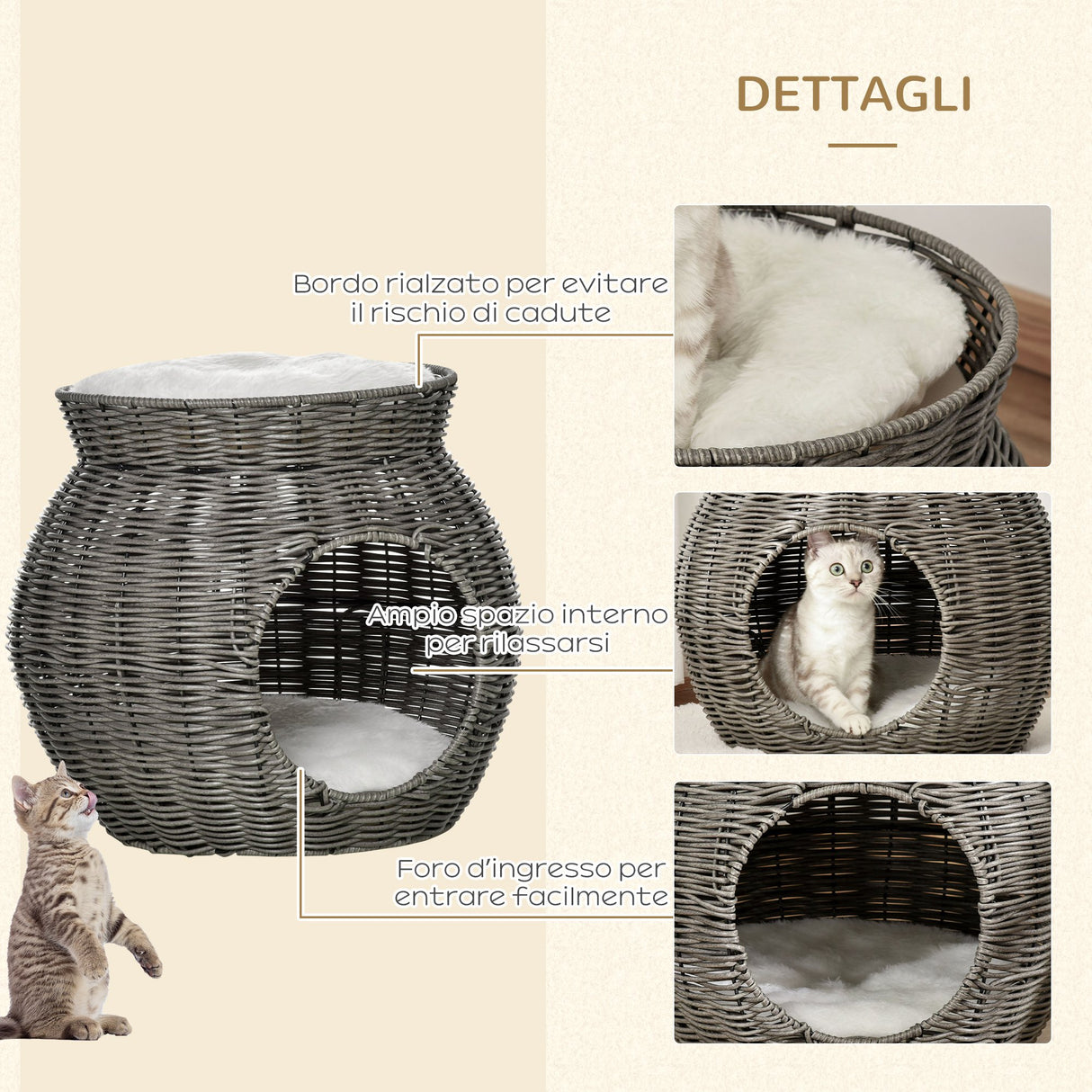 easycomfort easycomfort cesta per gatti a 2 livelli in rattan pe con cuscini lavabili in peluche 50x43 5cm grigio scuro