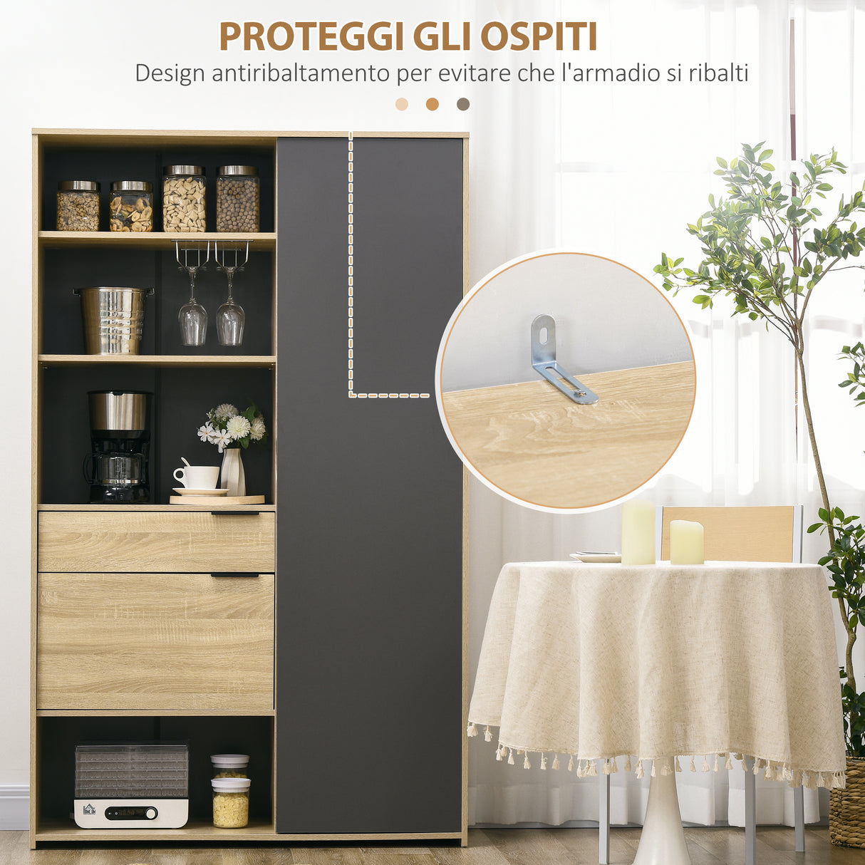 easycomfort easycomfort credenza moderna con armadietto cassetto e porta calici 110x41 5x180cm legno naturale e grigio