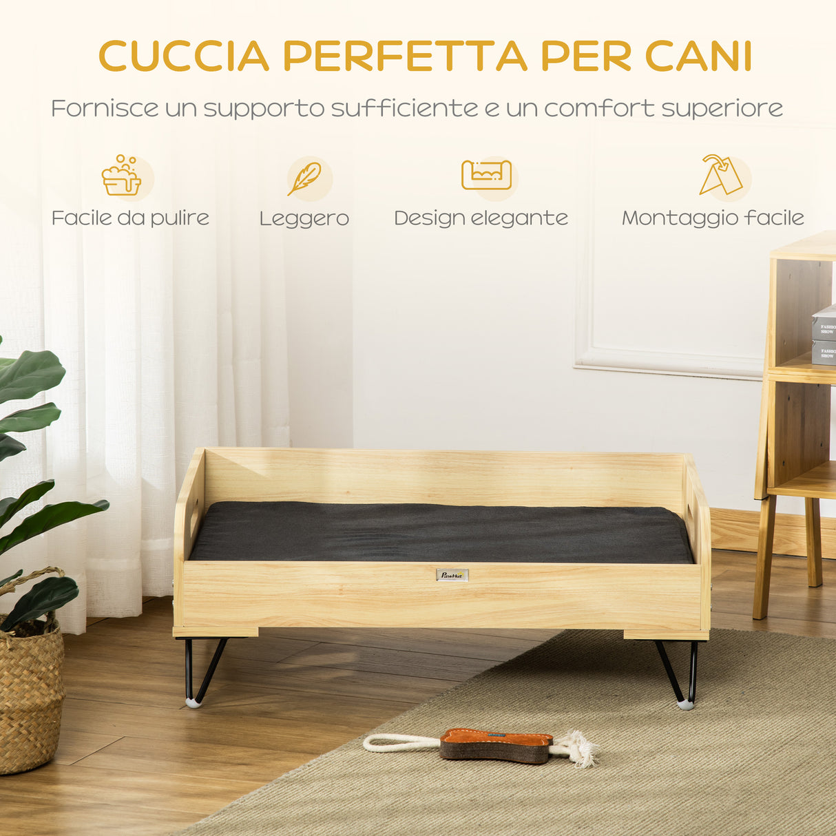 easycomfort easycomfort cuccia per cani rialzata con cuscino removibile e lavabile 2 maniglie in mdf e acciaio 82x56x31 5cm nero