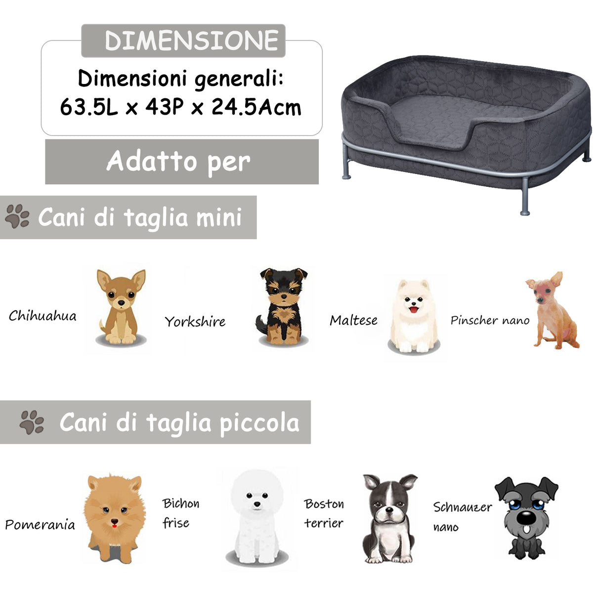 easycomfort easycomfort divano per cani e gatti imbottito in velluto con base in metallo 63 5x43x24 5cm grigio scuro
