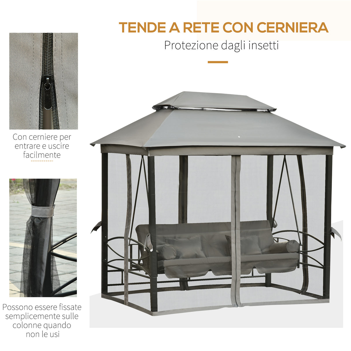 easycomfort easycomfort dondolo 3 posti reclinabile con copertura a gazebo zanzariera e cuscini grigio scuro