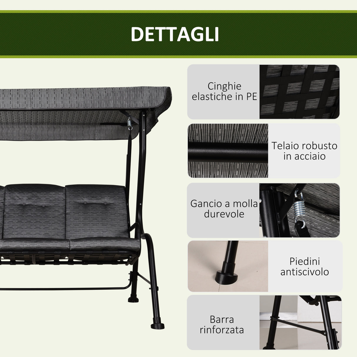 easycomfort easycomfort dondolo da giardino per 3 persone con tettuccio regolabile e cuscini 200x120x170cm nero