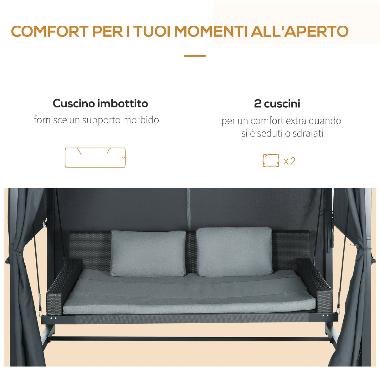 easycomfort easycomfort dondolo letto e pergola 3 in 1 con tetto regolabile e tende acciaio e rattan pe 235x150x210cm grigio scuro