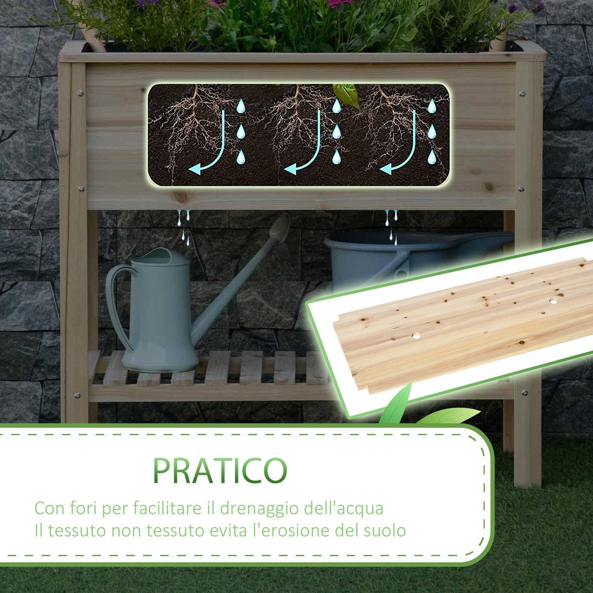 easycomfort easycomfort fioriera rialzata in legno di abete con ripiano inferiore e con fori di drenaggio 90x40x81cm