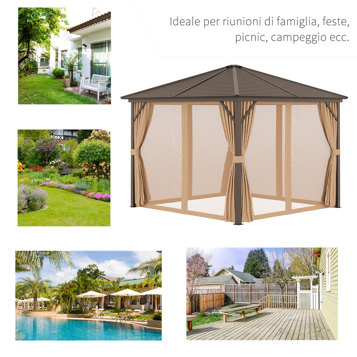 easycomfort easycomfort gazebo da giardino 3x3m in alluminio con zanzariera tende laterali e tetto rigido marrone