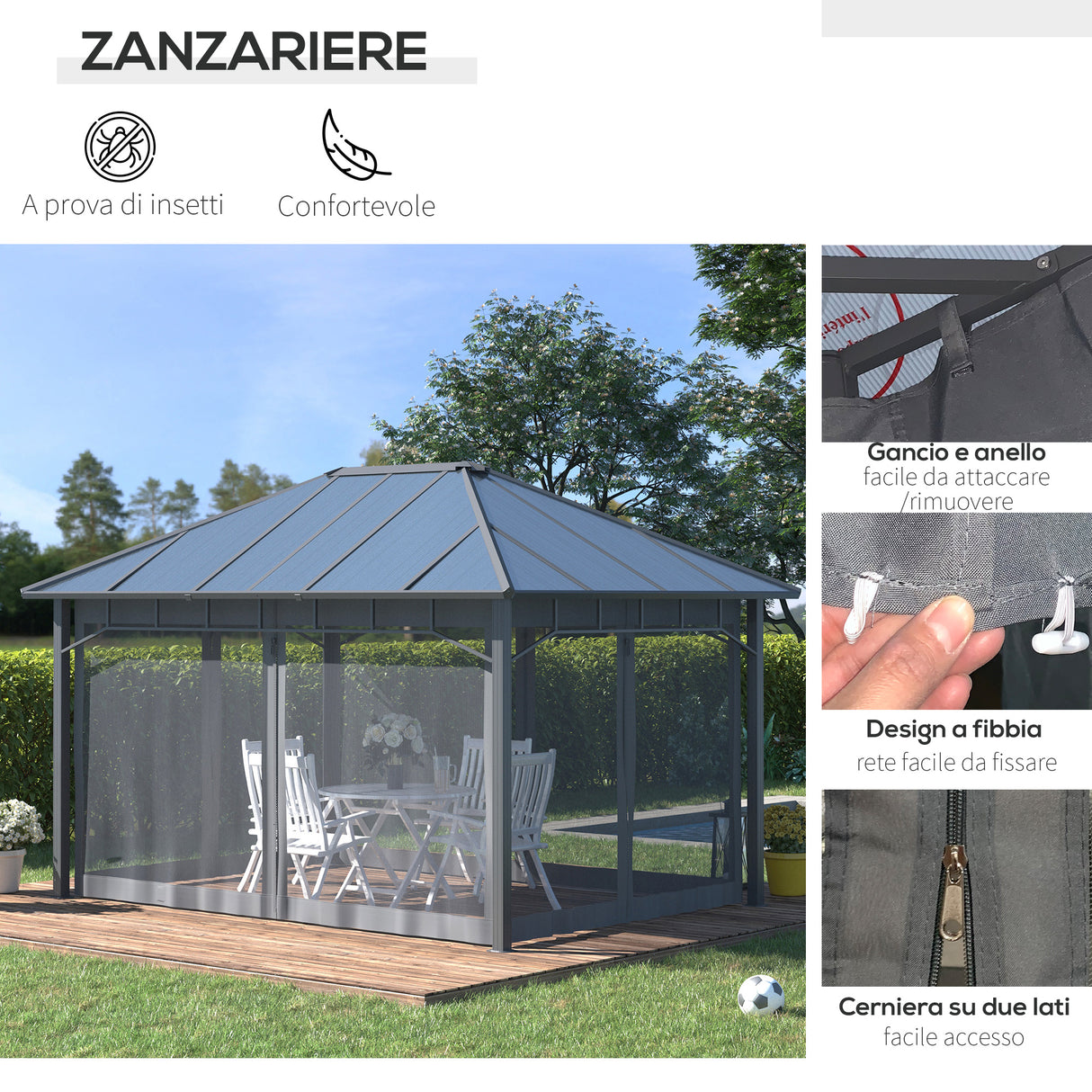 easycomfort easycomfort gazebo da giardino 4x3m con zanzariere e tetto in policarbonato grigio