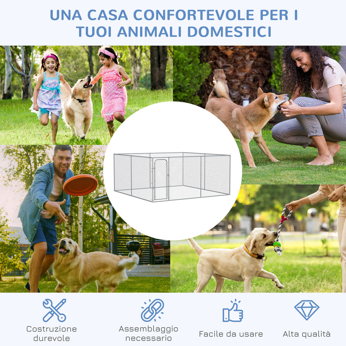 easycomfort easycomfort kennel per cani da esterno a maglie con porta con blocco in acciaio 400x400x182cm argento