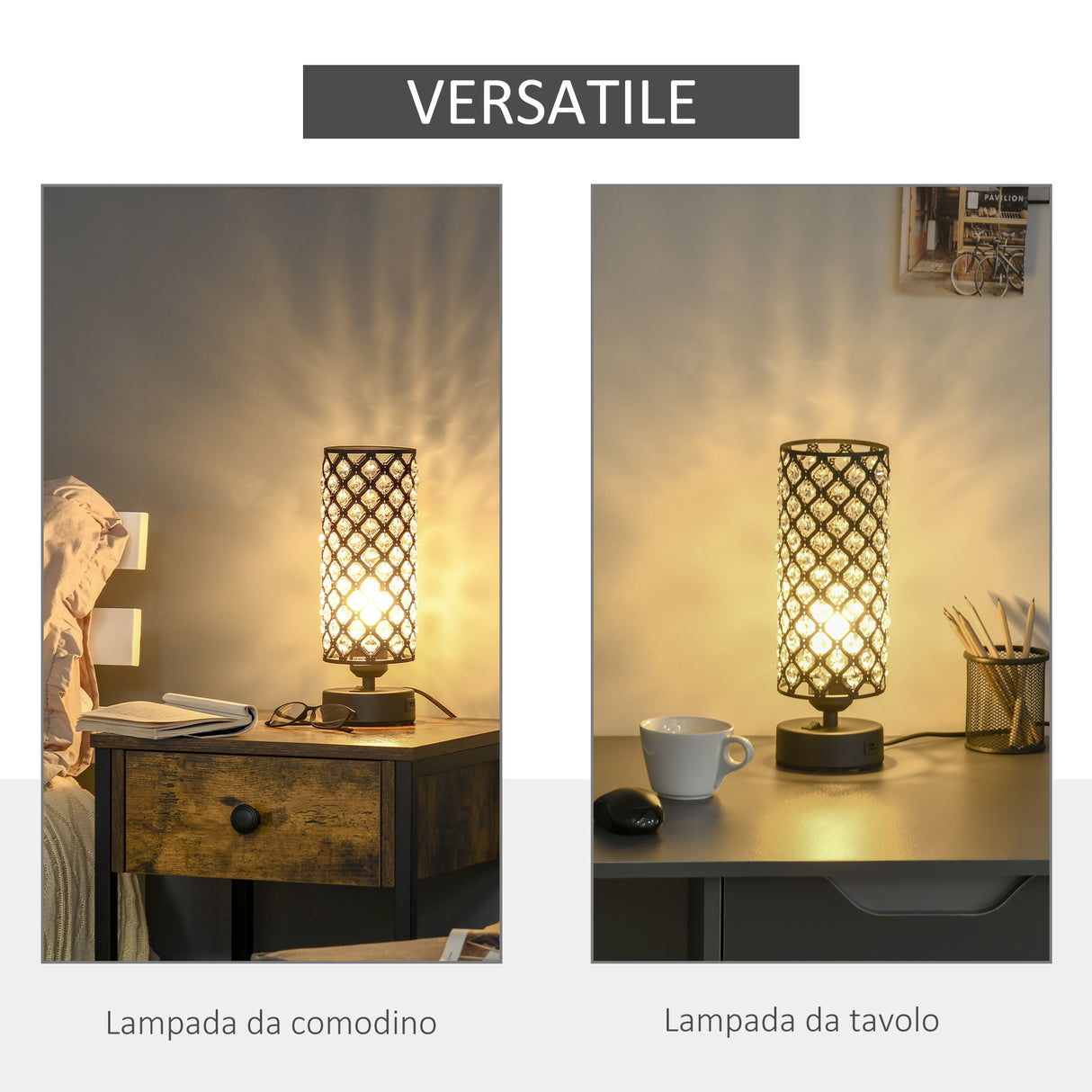 easycomfort easycomfort lampada da tavolo con paralume in cristallo e 2 porte usb luce regolabile 10 8x30cm nero