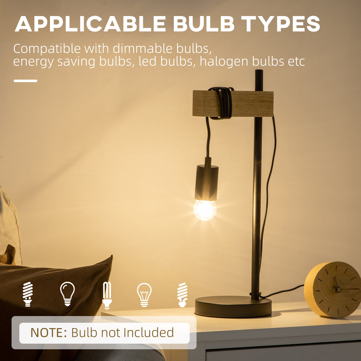 easycomfort easycomfort lampada da tavolo in stile industriale in legno e acciaio senza paralume nero e naturale