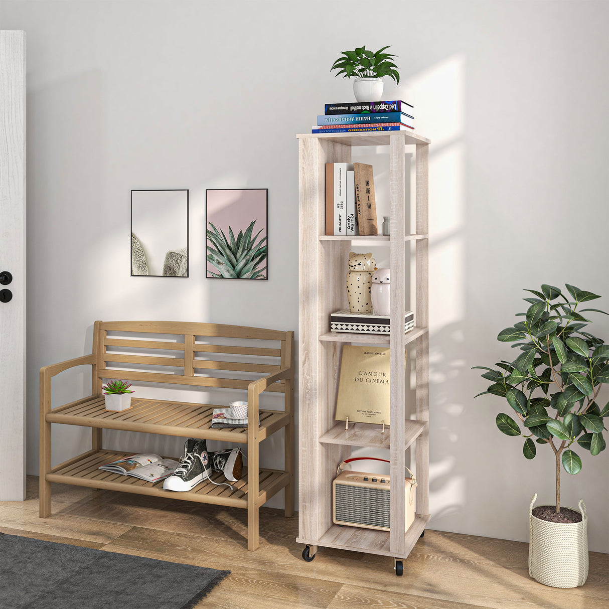 easycomfort easycomfort libreria portariviste moderna a 4 ripiani in legno con rotelle 40x40x150cm quercia