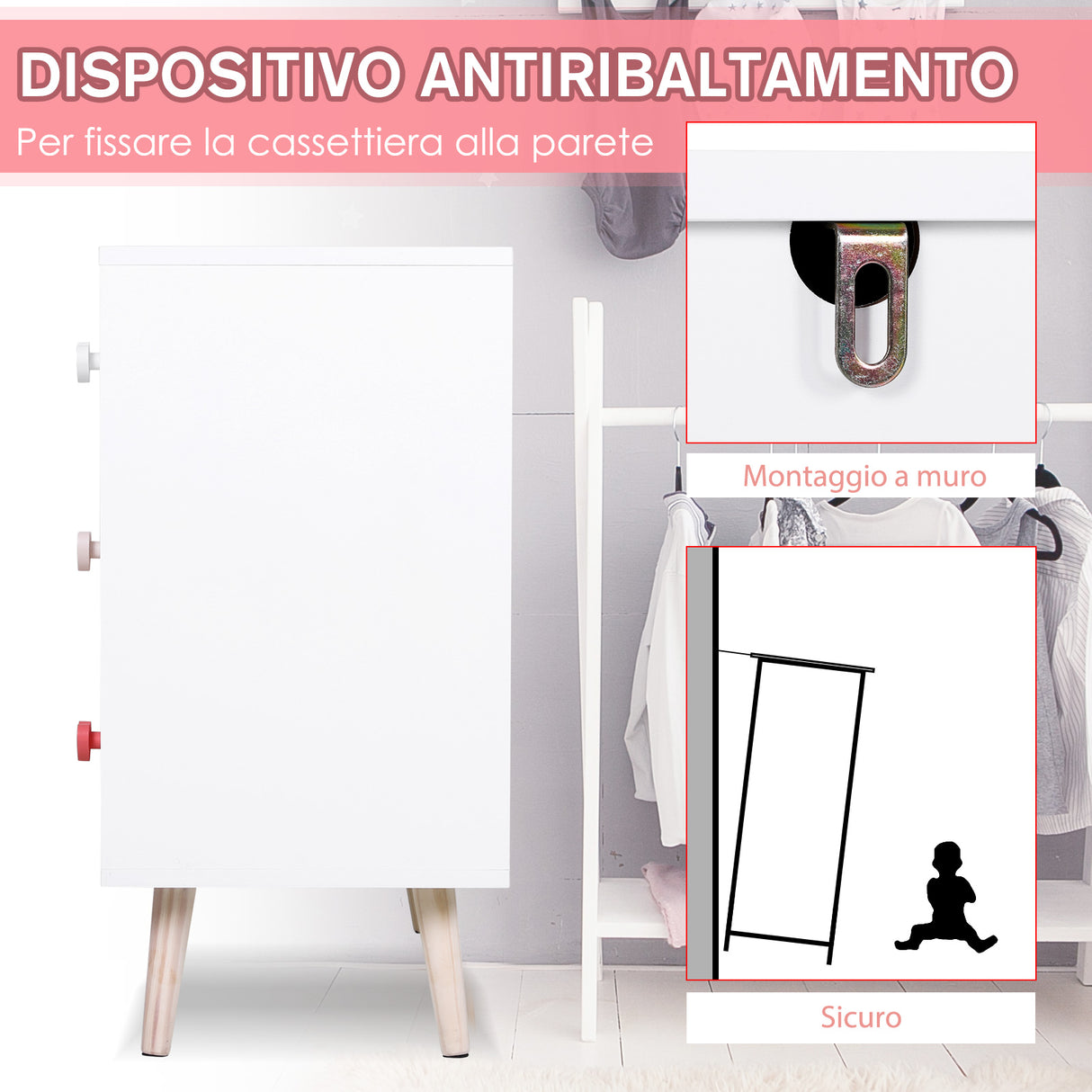 easycomfort easycomfort mobile cassettiera con gambe in legno di pino 3 cassetti bianco e rosa 90 x 42 x 80cm