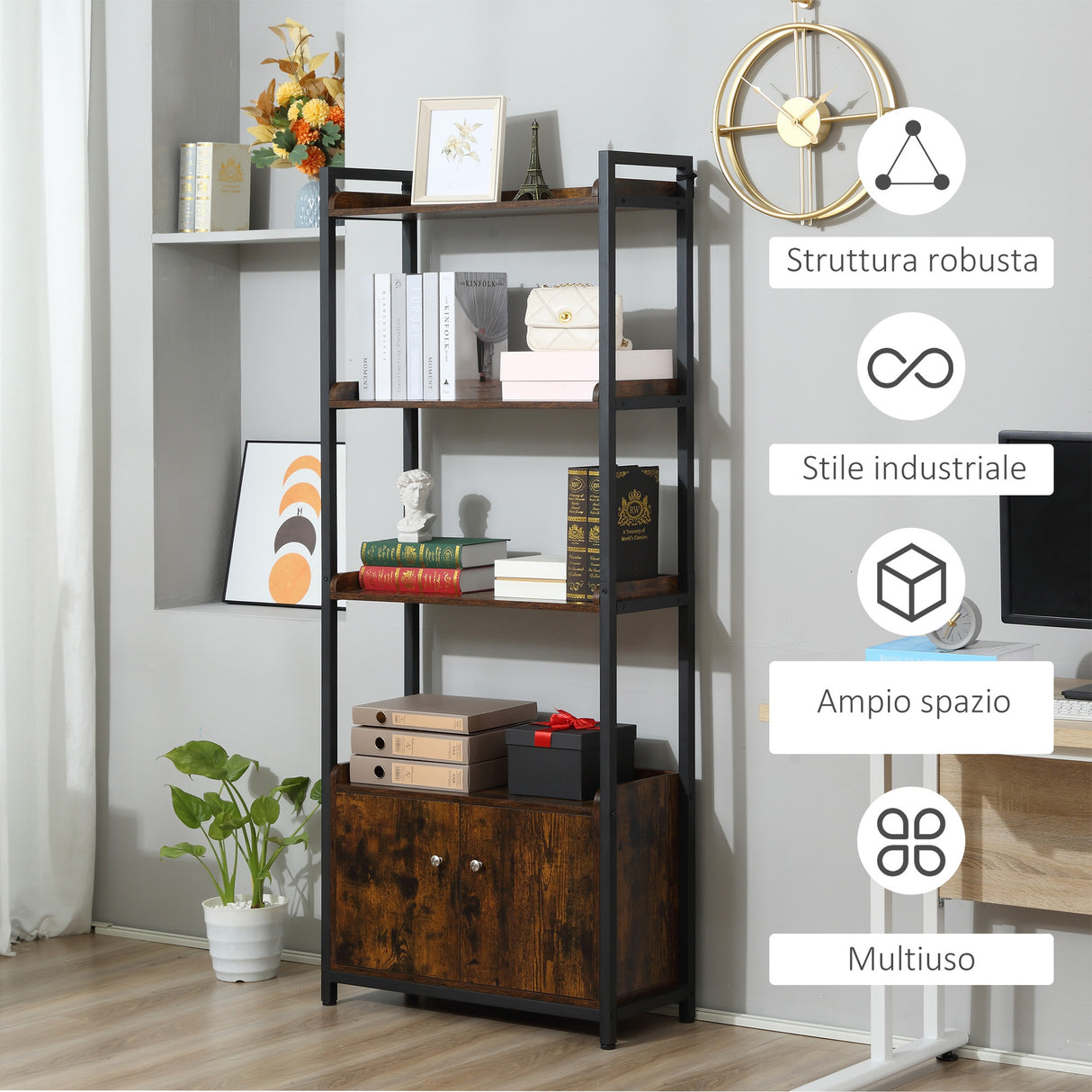 easycomfort easycomfort mobile libreria 4 ripiani con armadietto a 2 ante libreria scaffale in stile industriale per casa e ufficio 75x30x180cm marrone