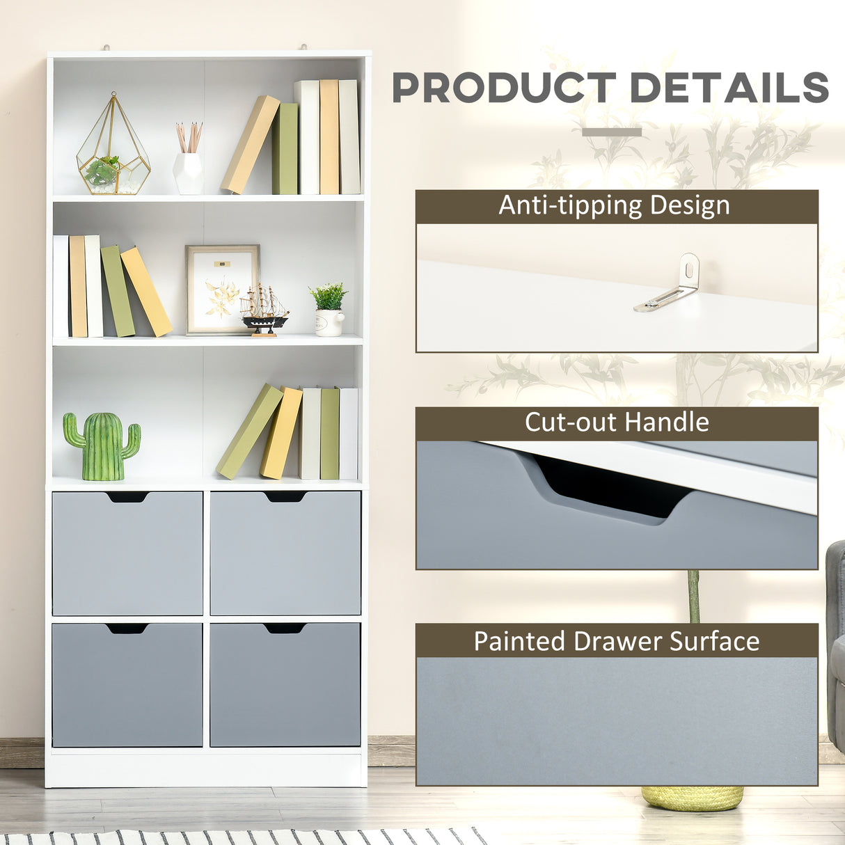 easycomfort easycomfort mobile libreria con 4 cassetti e 3 ripiani per casa e ufficio in mdf e truciolato 76x30x173cm