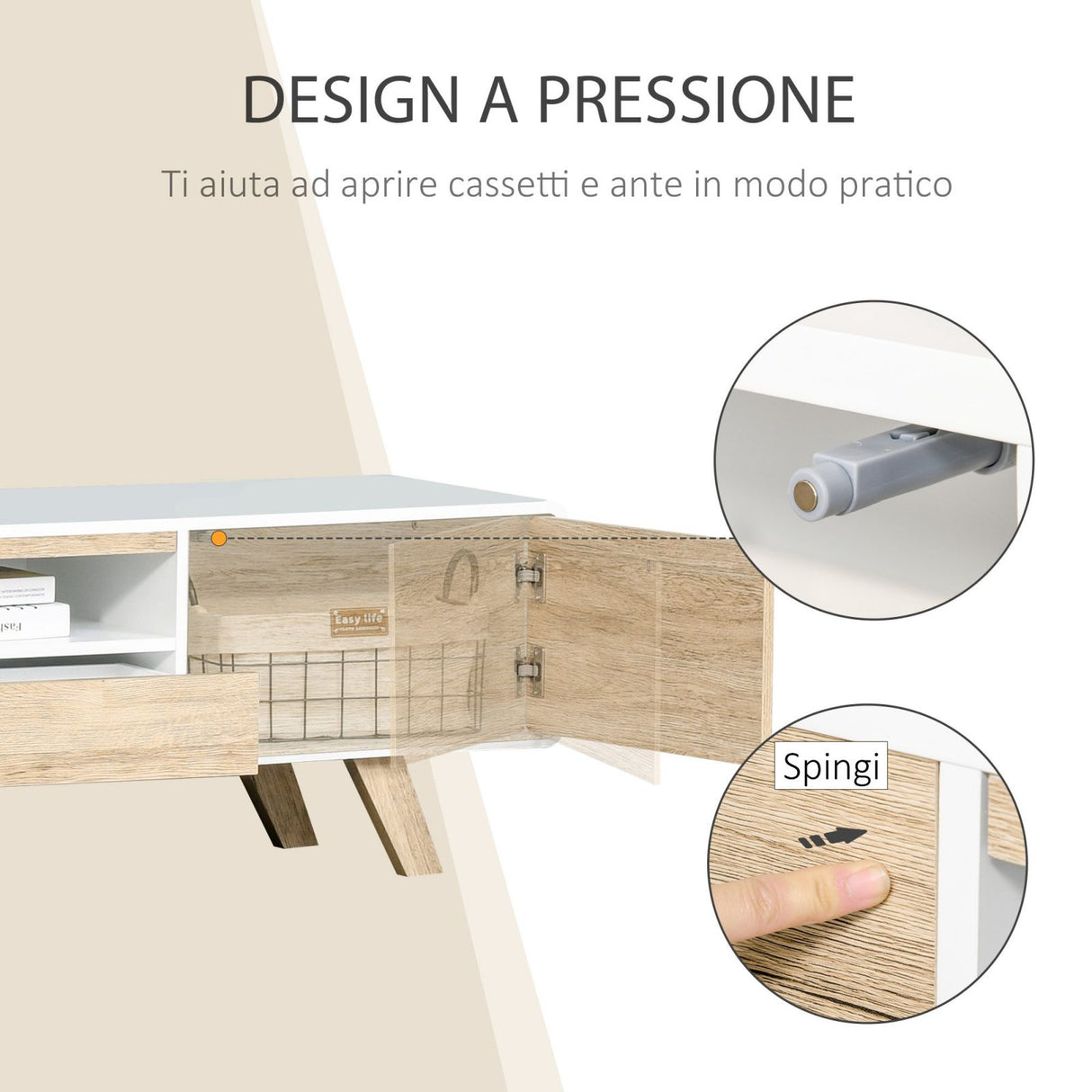 easycomfort easycomfort mobile porta tv con ante e cassetto per tv fino a 60 in mdf bianco e legno 160x40x45cm