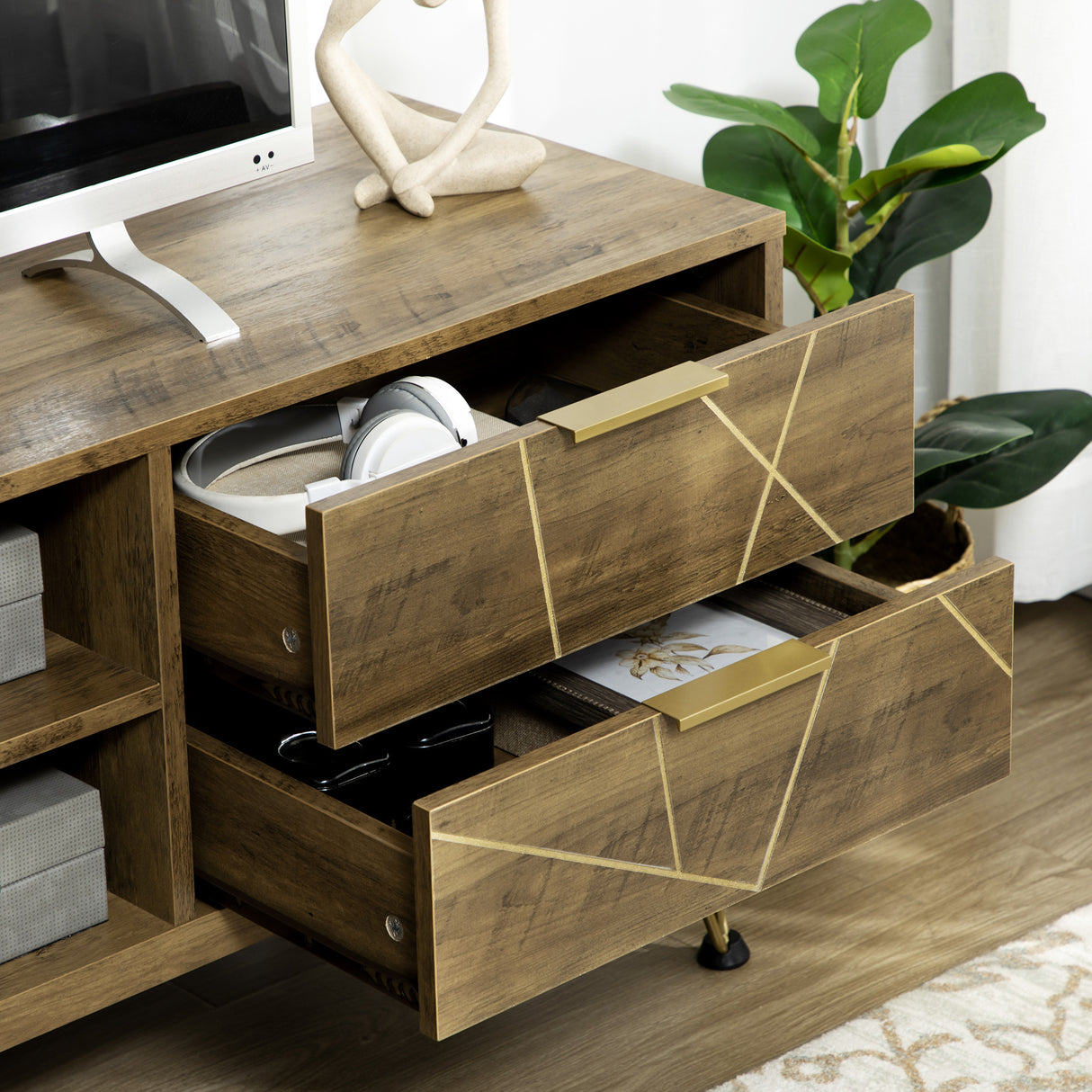 easycomfort easycomfort mobile porta tv da 55 con armadietto e cassetti in legno e acciaio 150x39x50 8cm legno e oro