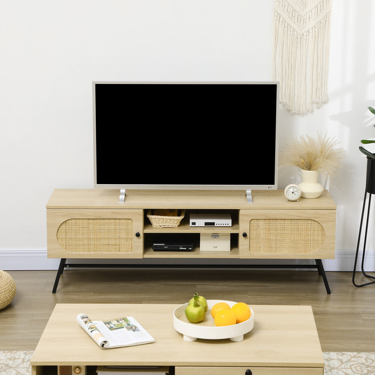 easycomfort easycomfort mobile porta tv fino 60 in legno e rattan stile boho con 2 armadietti 50x39x48 3cm naturale