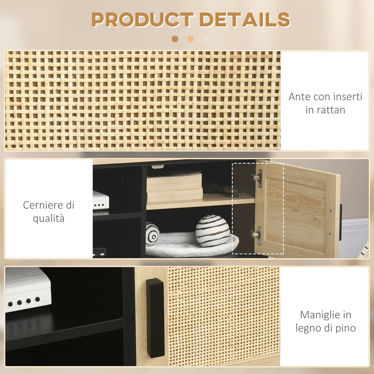 easycomfort easycomfort mobile porta tv fino a 60 con 2 armadietti e ripiani aperti stile boho 120x40x42 cm