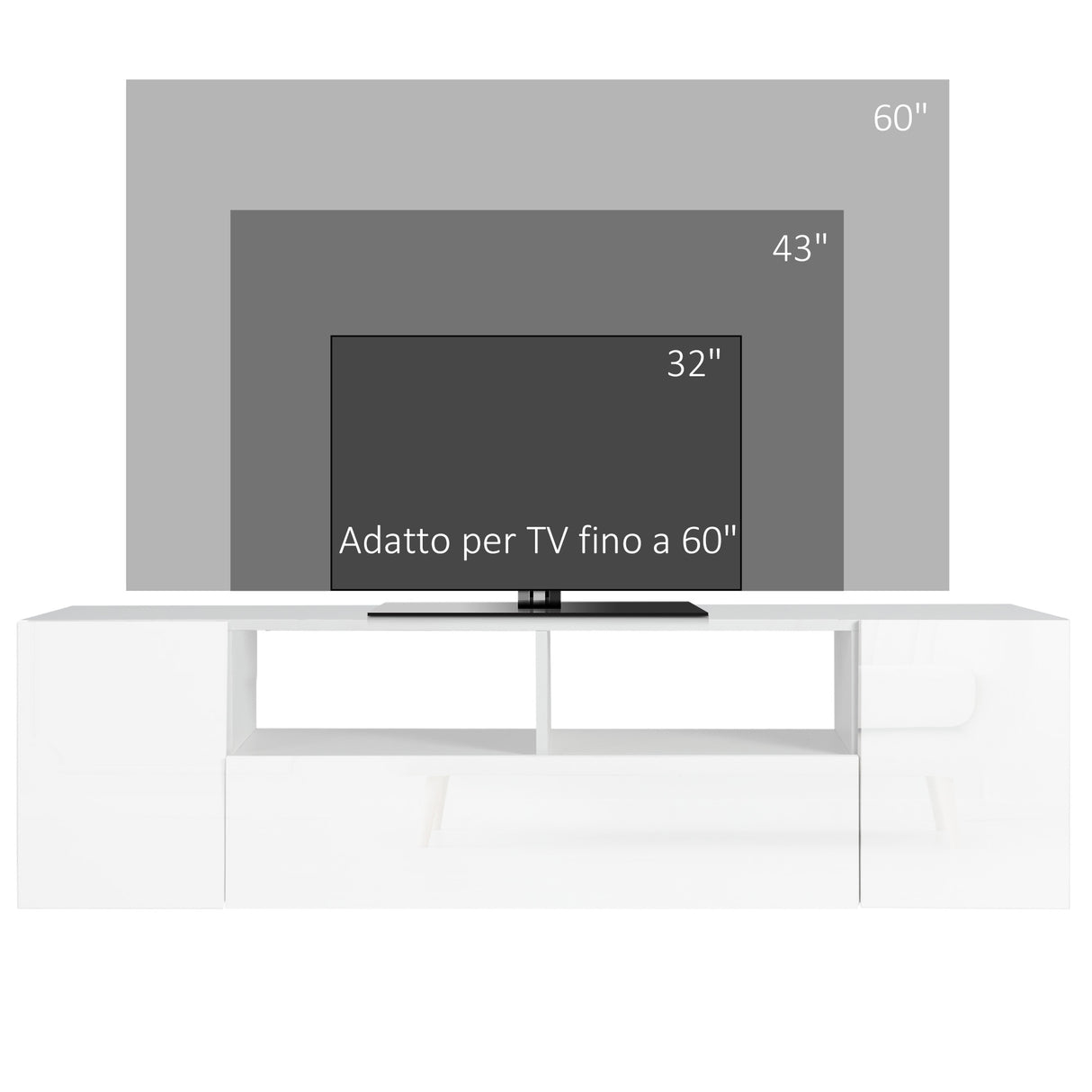 easycomfort easycomfort mobile tv 60 max in truciolato con 3 ripiani 2 armadietti e luci led 137x35x42 cm bianco lucido