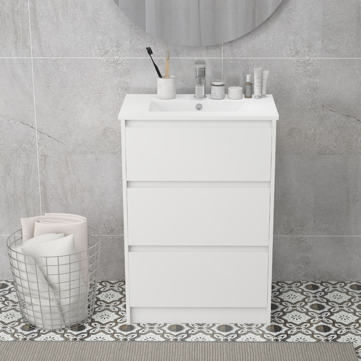 easycomfort easycomfort mobiletto bagno a 2 cassetti in truciolato con lavabo in ceramica sintetica 61x37x88 cm bianco