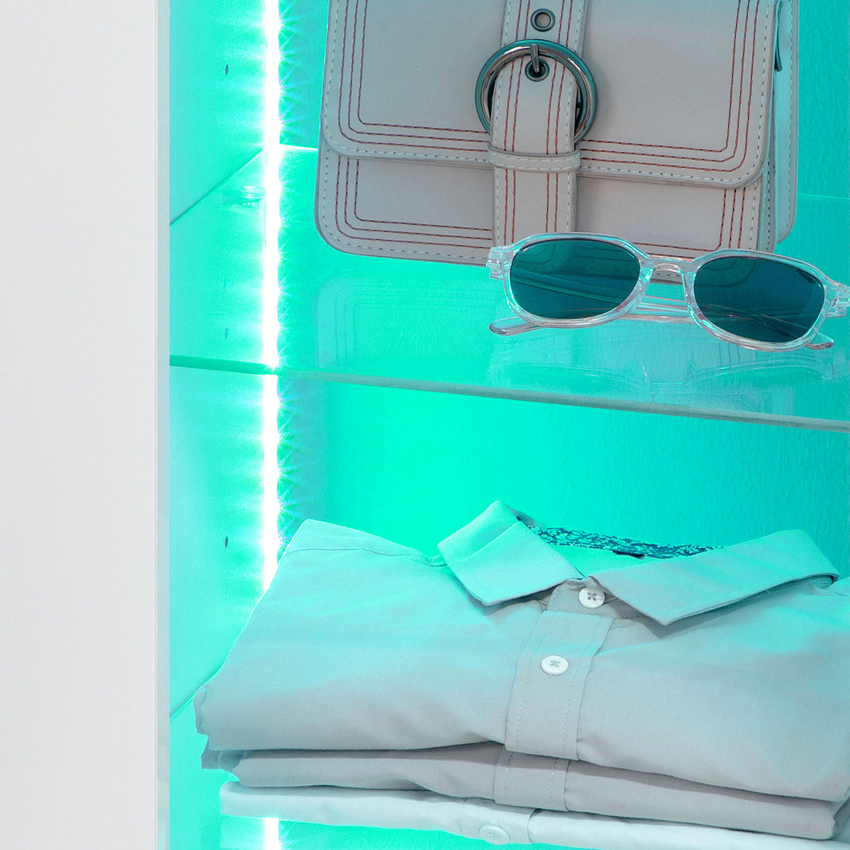 easycomfort easycomfort mobiletto da salotto bianco in truciolato e metallo con luci led blu 3 ripiani aperti e armadietto 75x35x82 cm