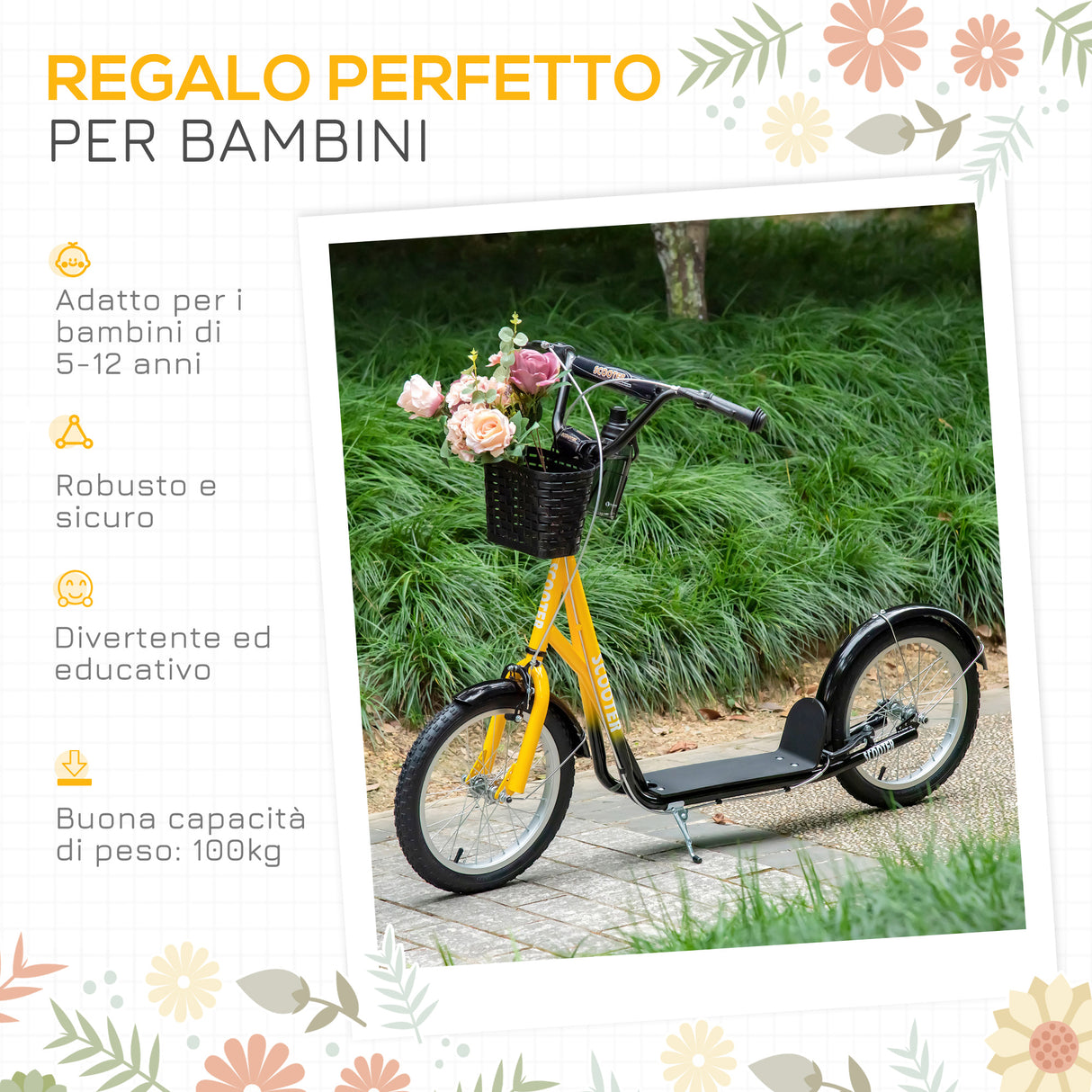 easycomfort easycomfort monopattino per bambini con ruote grandi 2 freni e manubrio regolabile cestino e porta borraccia giallo