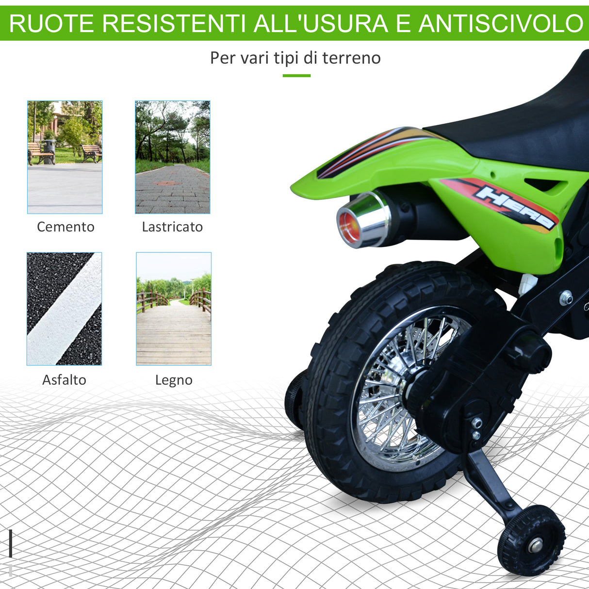 easycomfort easycomfort moto da cross elettrica con 2 rotelline ausiliarie per bambini 3 6 anni moto giocattolo 10952 270 5cm verde