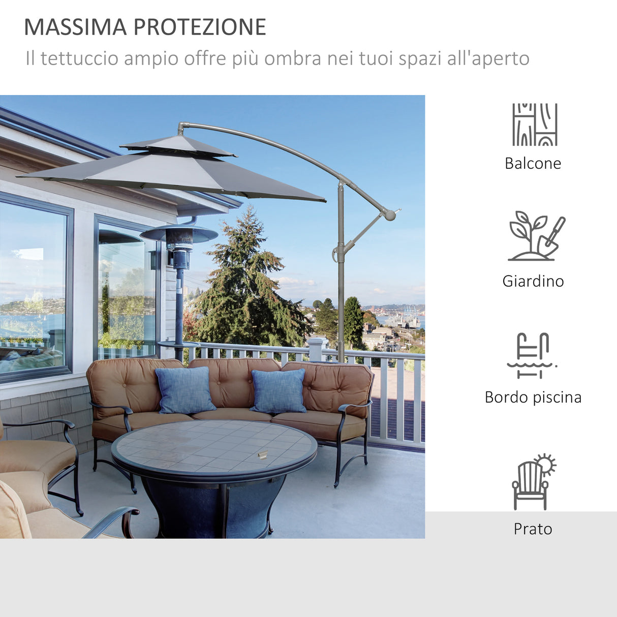 easycomfort easycomfort ombrellone a braccio 2 7x2 7 m con tettuccio regolabile a 2 livelli e base a croce grigio