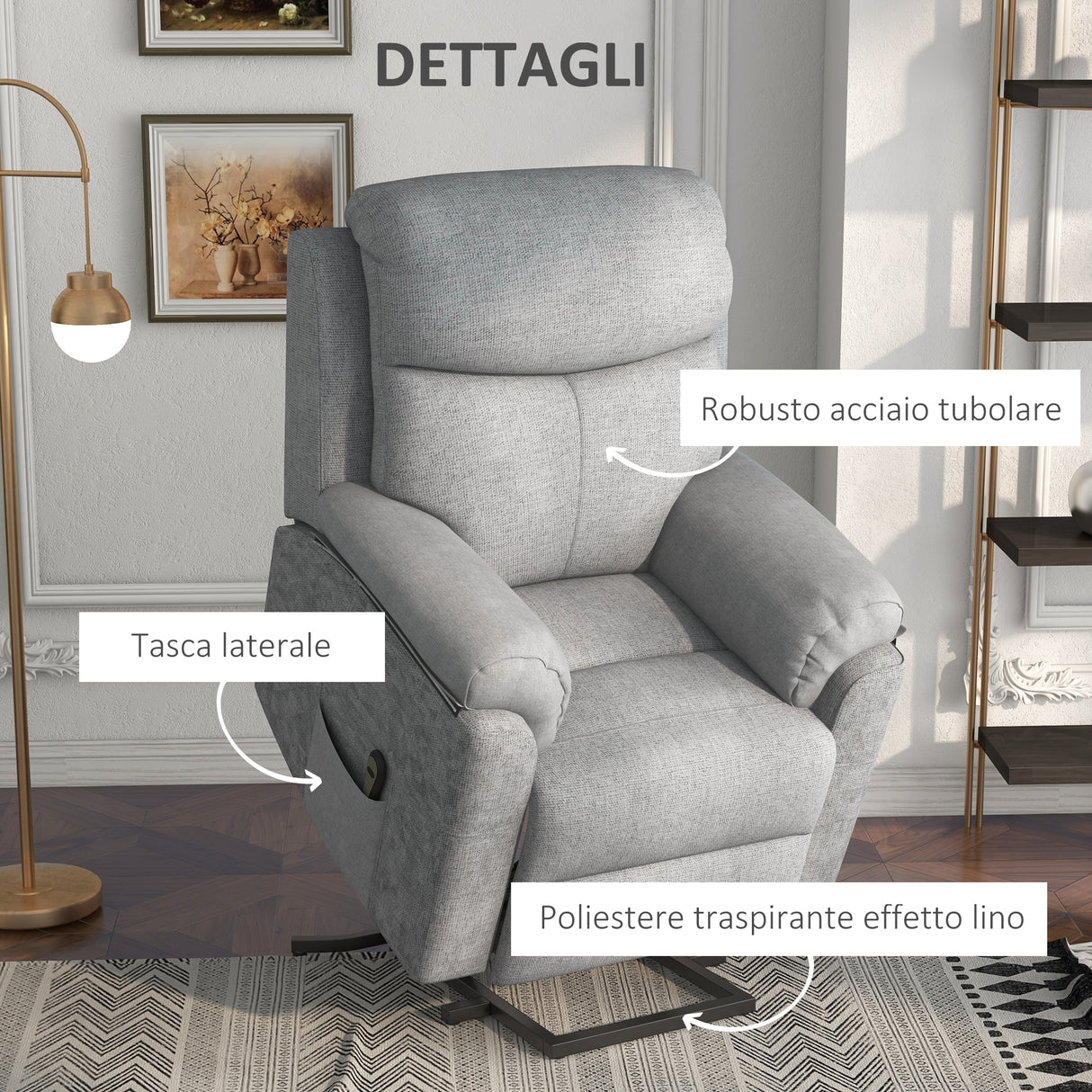 easycomfort easycomfort poltrona alzapersona reclinabile con poggiapiedi in poliestere effetto lino 83x89x102 cm grigio