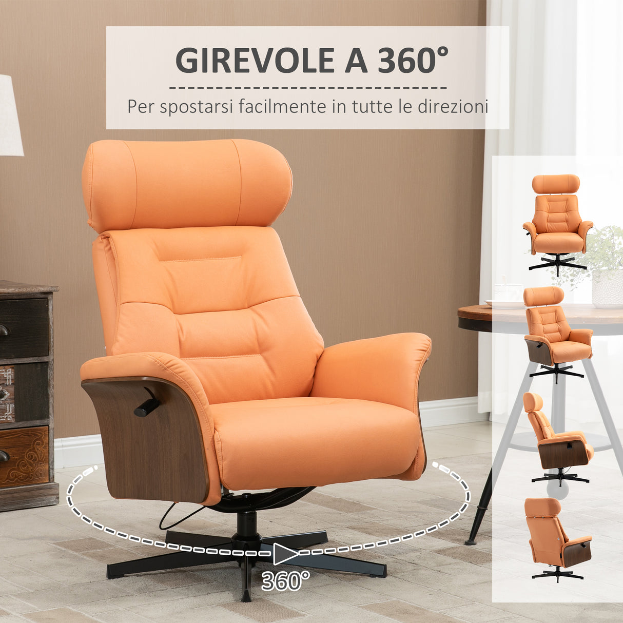 easycomfort easycomfort poltrona reclinabile e girevole con poggiatesta regolabile in microfibra 80x84x104cm arancione