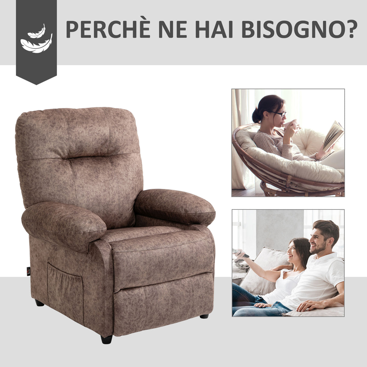 easycomfort easycomfort poltrona relax imbottita e reclinabile fino 135 con poggiapiedi estraibile e tasca marrone