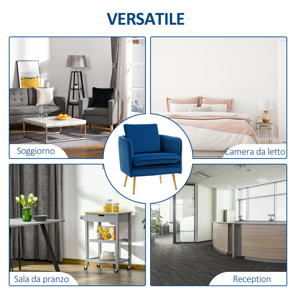 easycomfort easycomfort poltroncina in velluto imbottita con braccioli 63x61x80cm blu