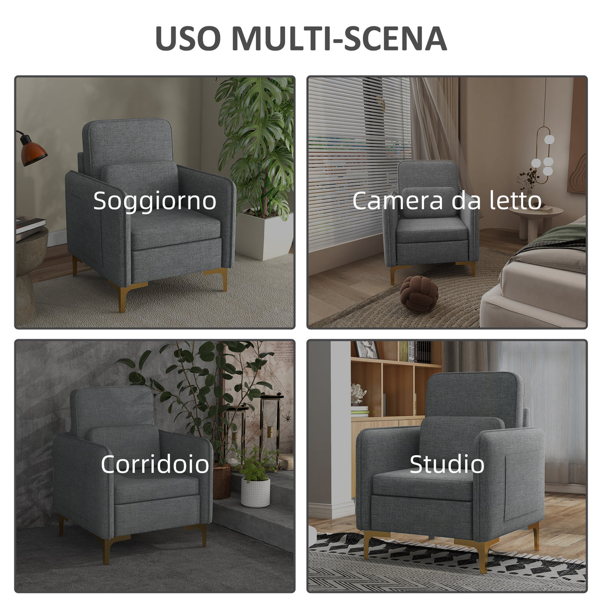 easycomfort easycomfort poltroncina moderna con tessuto effetto lino gambe in acciaio e tasche laterali 72x72x90cm grigio