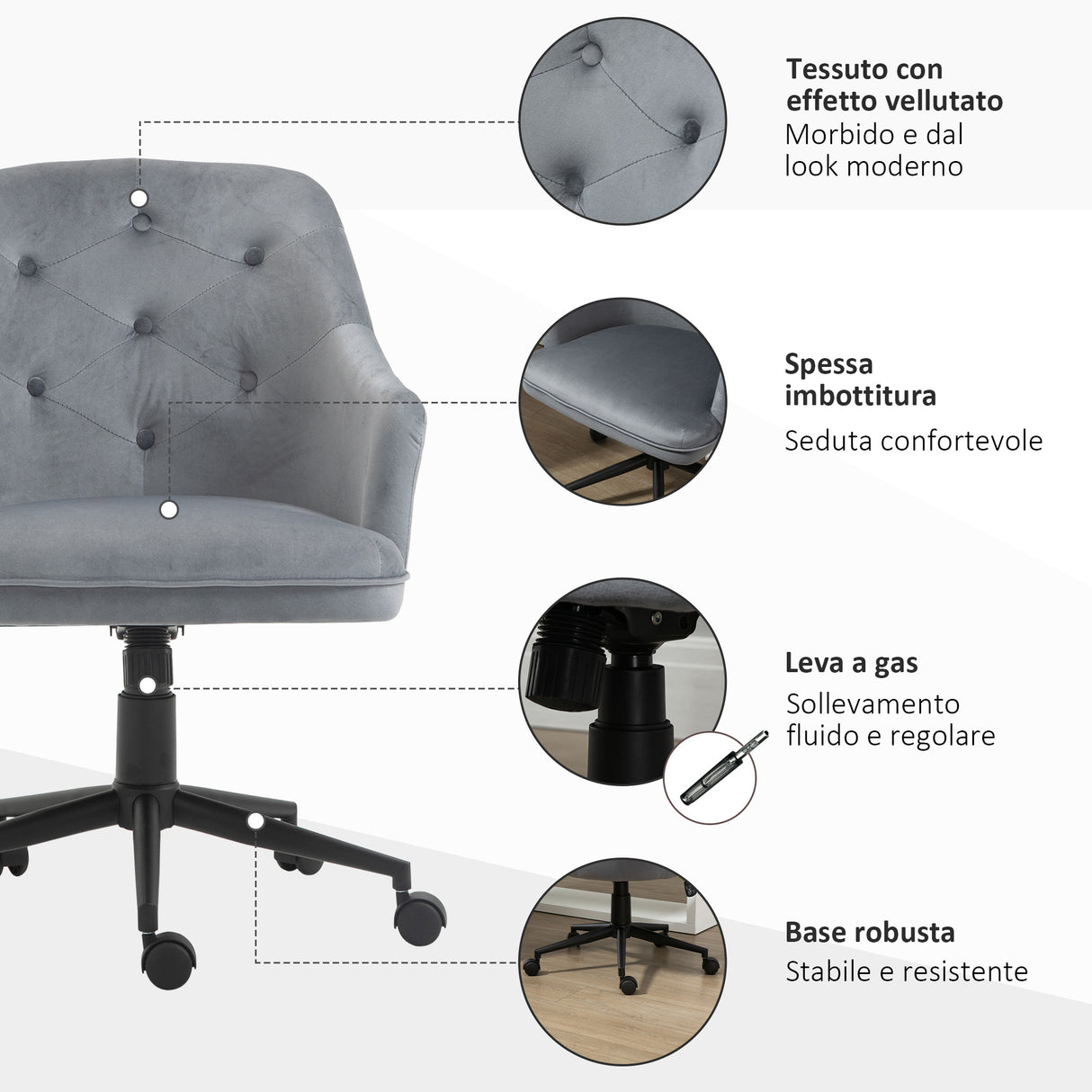 easycomfort easycomfort sedia da ufficio girevole ergonomica con ruote e altezza regolabile rivestimento in velluto 63x64x88 96cm grigio