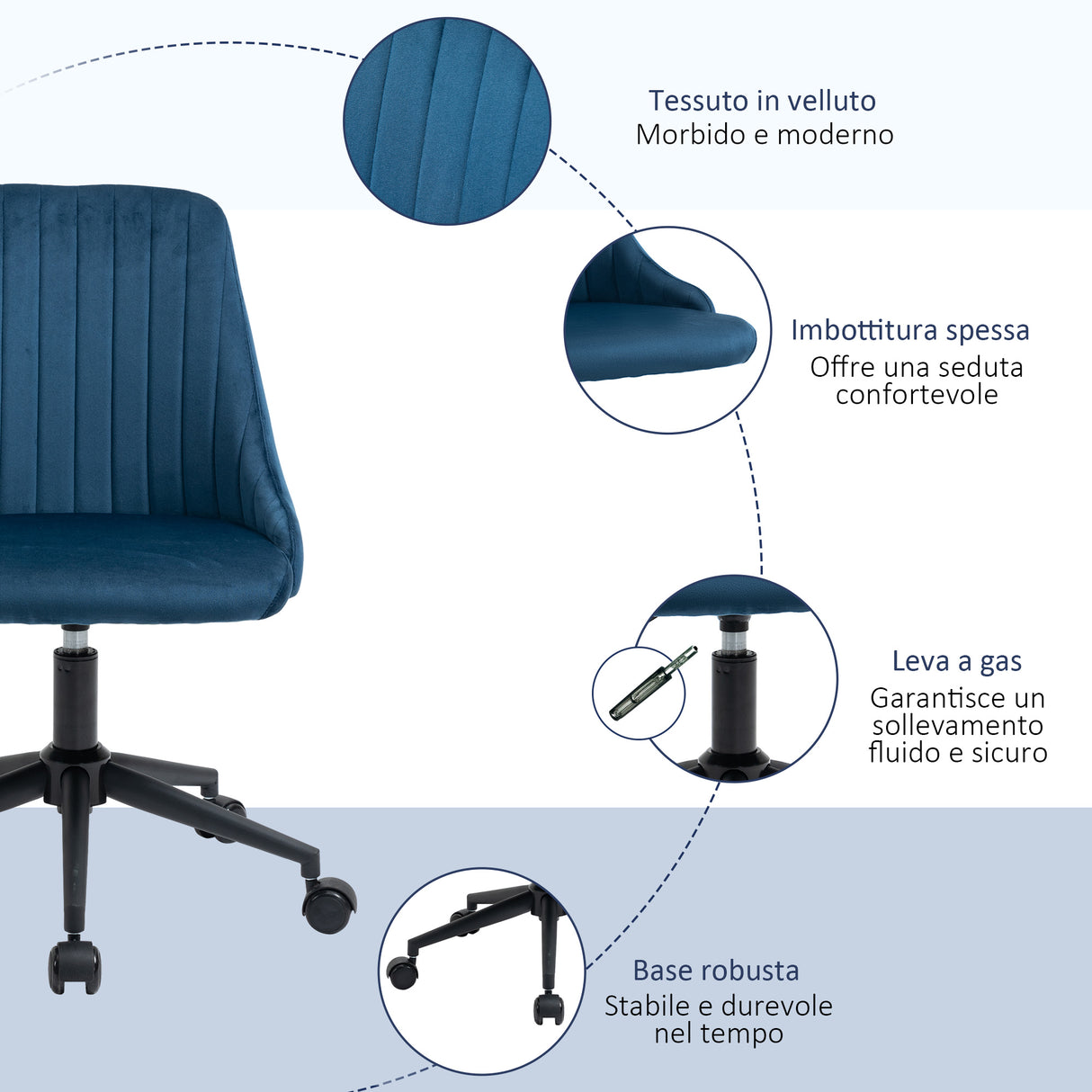 easycomfort easycomfort sedia da ufficio in velluto blu con altezza regolabile sedia ergonomica girevole a 360 e ruote 50x58x77 87cm