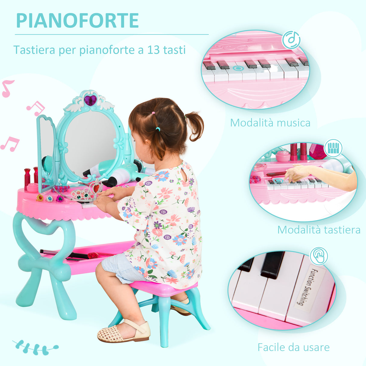 easycomfort easycomfort set 2 in 1 da 32pz per bambine 3 6 anni tavolo per trucco con accessori e pianoforte 49 5x23x66 cm blu e rosa
