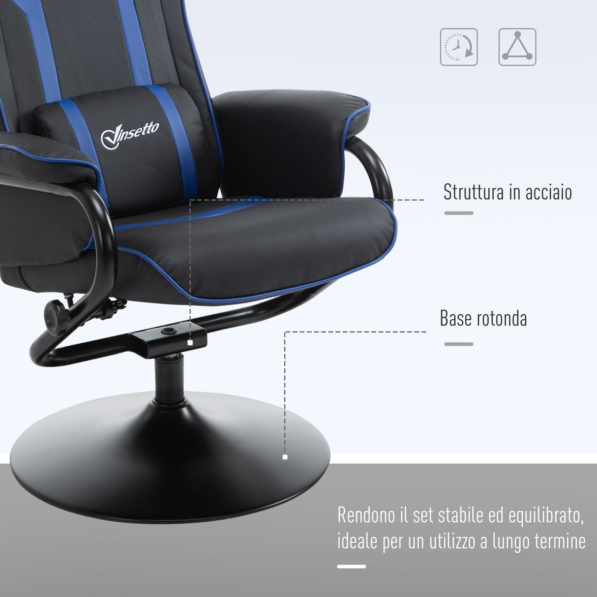 easycomfort easycomfort set 2 pezzi poltrona gaming reclinabile inclinabile a 130 con sgabello poggiapiedi nero e blu scuro