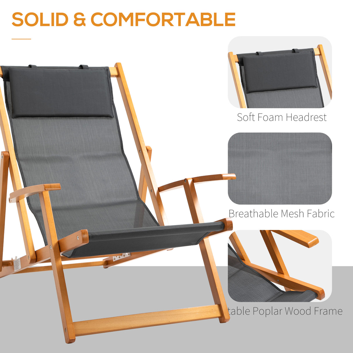 easycomfort easycomfort set 2 sdraio da giardino pieghevoli con schienale regolabile su 3 livelli legno e tessuto a rete grigio