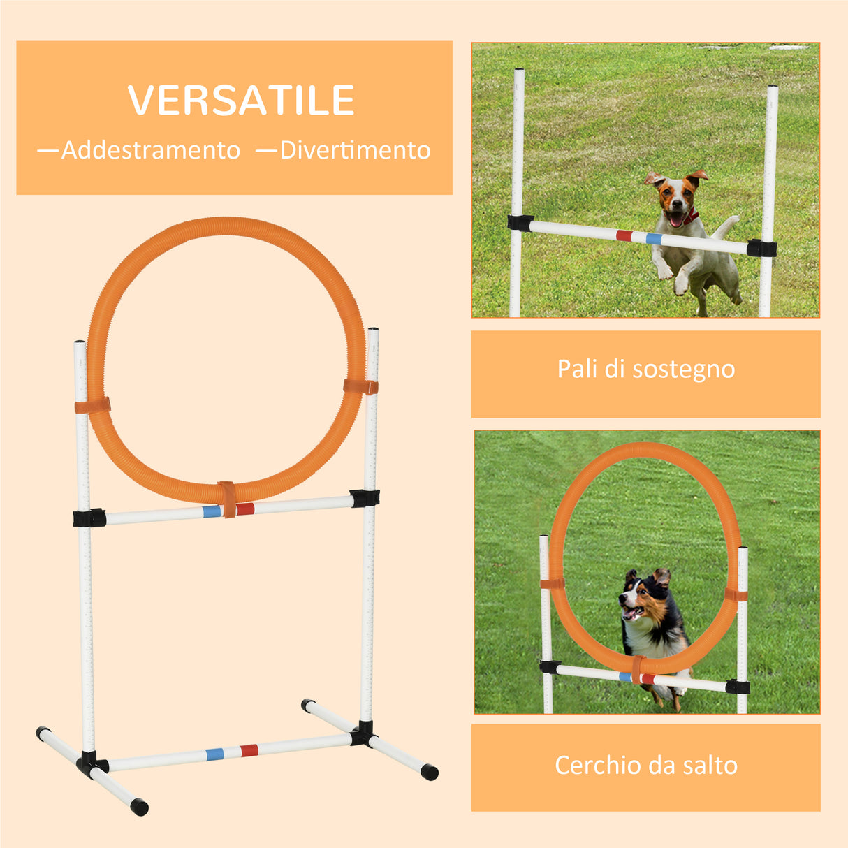 easycomfort easycomfort set agility dog portatile con anello e sbarra multiuso e salvaspazio con borsa da trasporto inclusa 74 5x66x91cm bianco e arancione