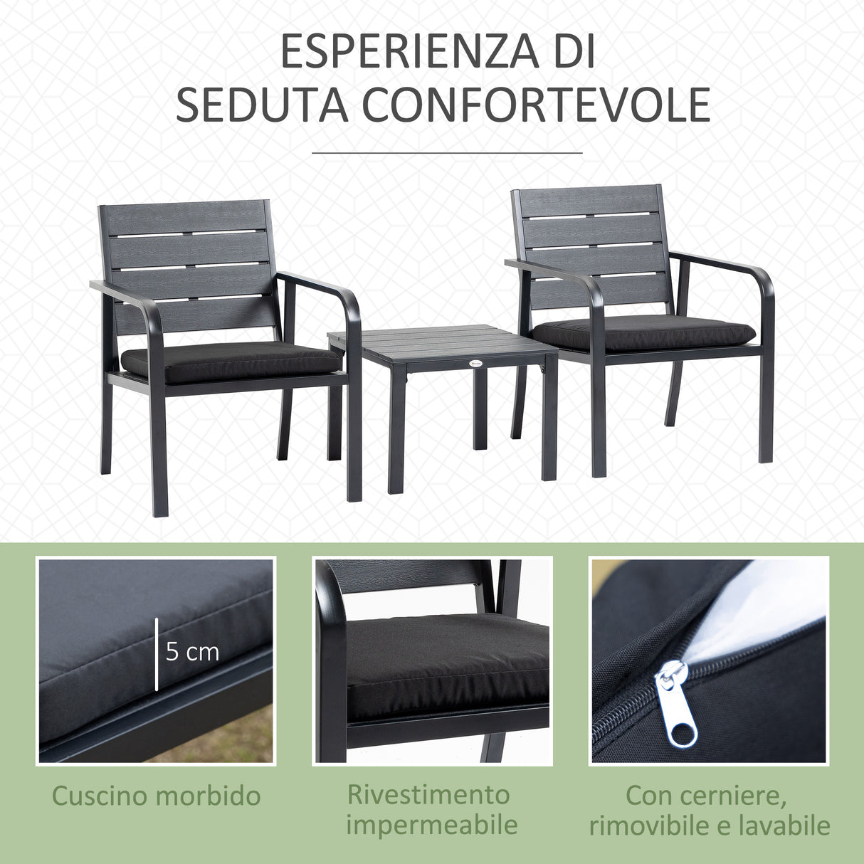 easycomfort easycomfort set da giardino 3 pezzi con tavolino e 2 sedie con cuscini acciaio e plastica grigio scuro