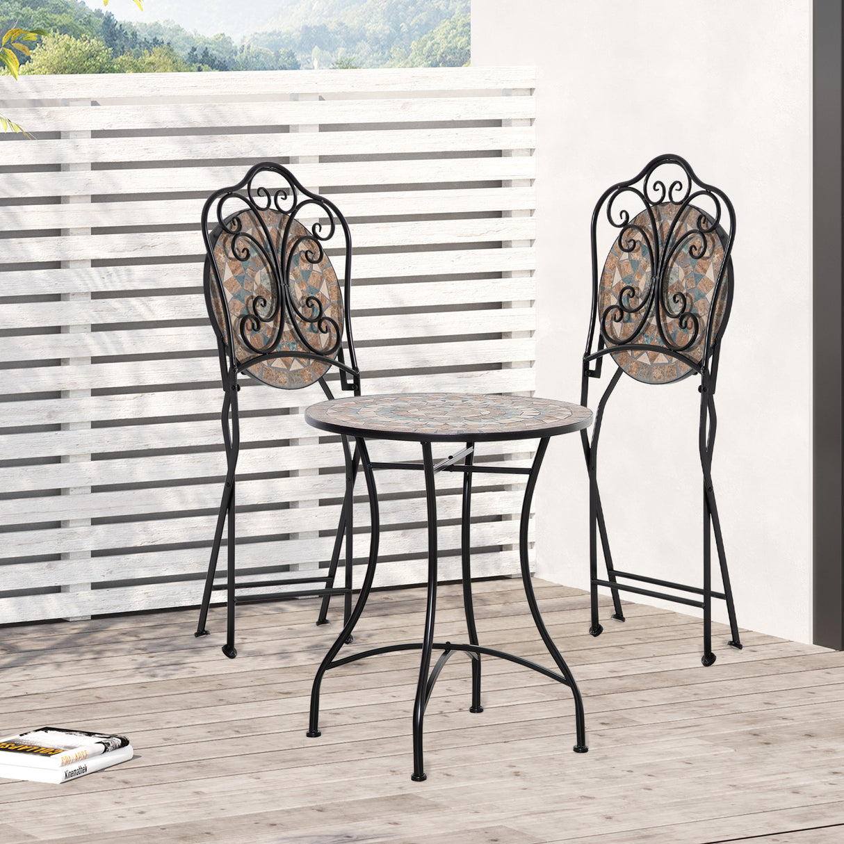 easycomfort easycomfort set mobili da giardino 3 pezzi con 2 sedie pieghevoli e tavolo da caffe in ceramica e metallo nero