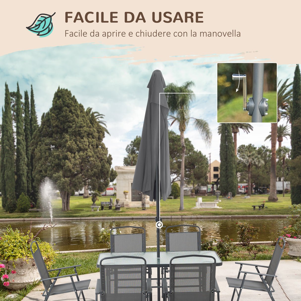 easycomfort easycomfort set tavolo con 6 sedie pieghevoli e ombrellone piano in vetro e sedute in tessuto grigio